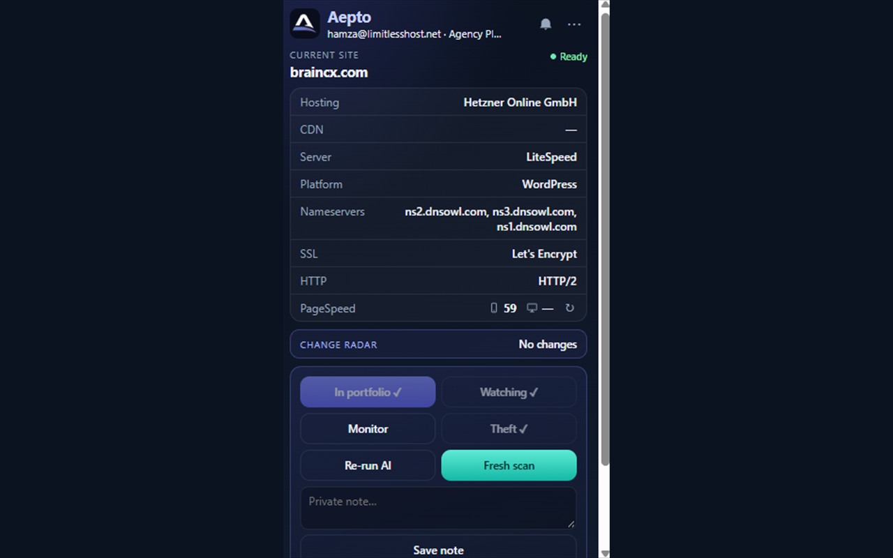 Aepto extension signed in with portfolio Watch, Monitor, and Theft Guard actions