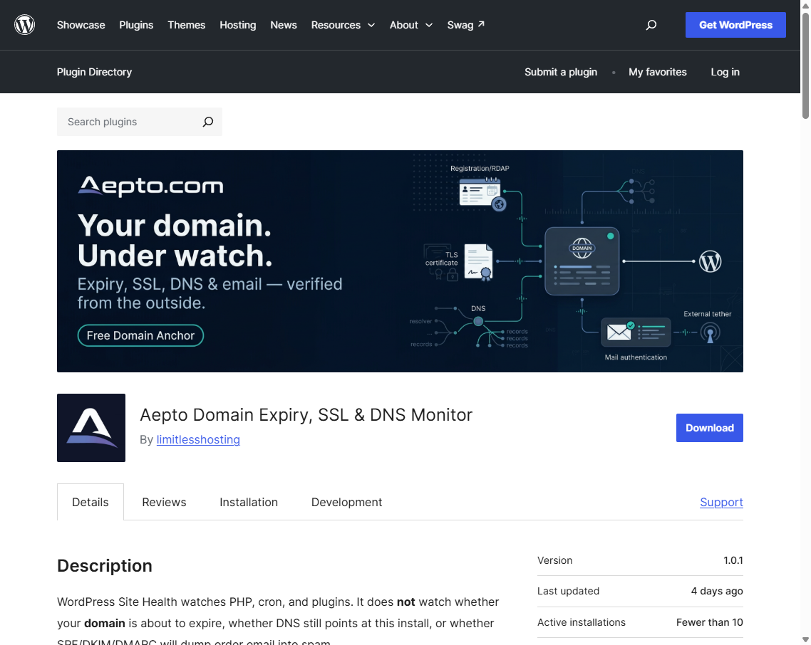Aepto Domain Expiry, SSL and DNS Monitor listing on WordPress.org