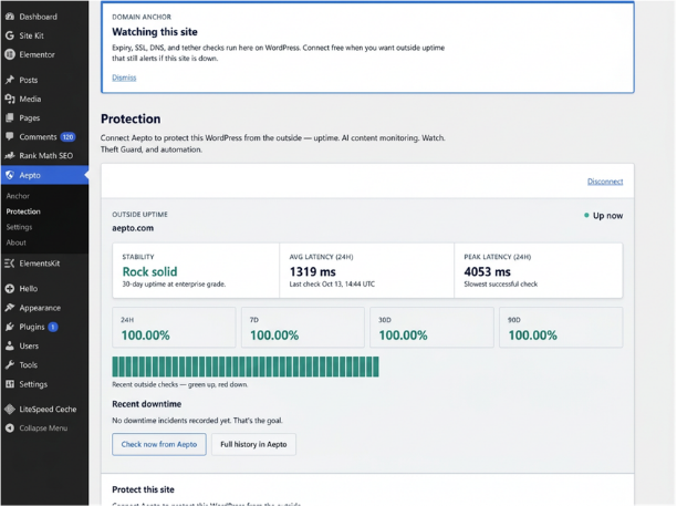 WordPress admin bar showing Aepto domain and SSL status chip