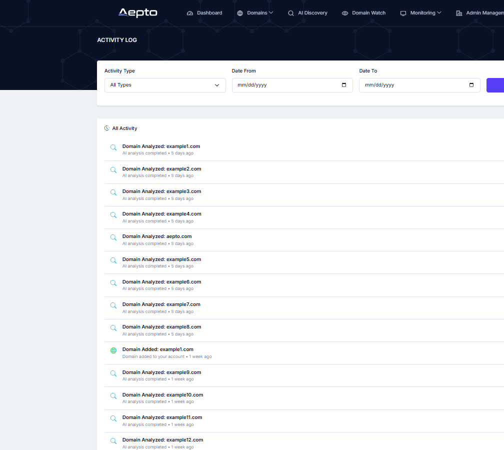 Activity feed listing recent account events and notifications