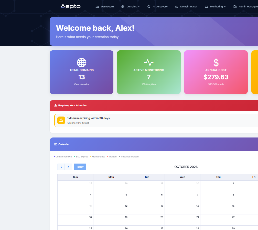 Aepto dashboard home screen with summary cards and calendar