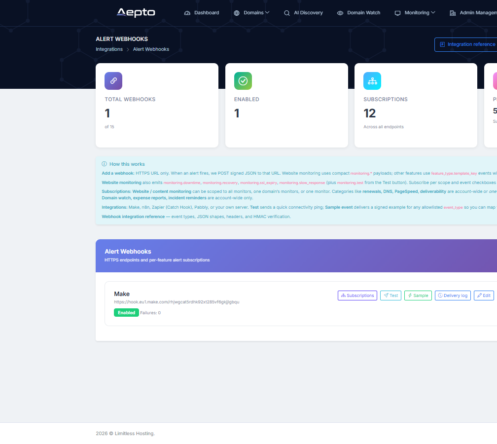 Alert webhooks list with subscriptions and delivery log